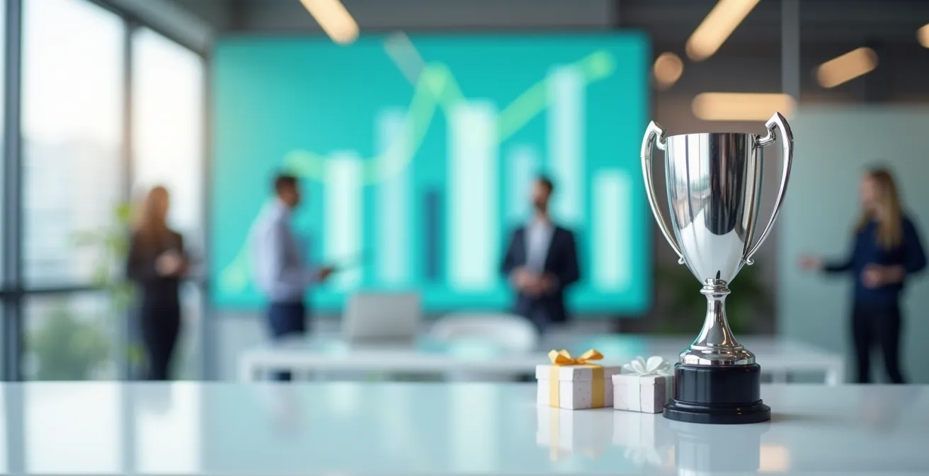 Espace de travail moderne avec tableau de performance et récompenses visibles