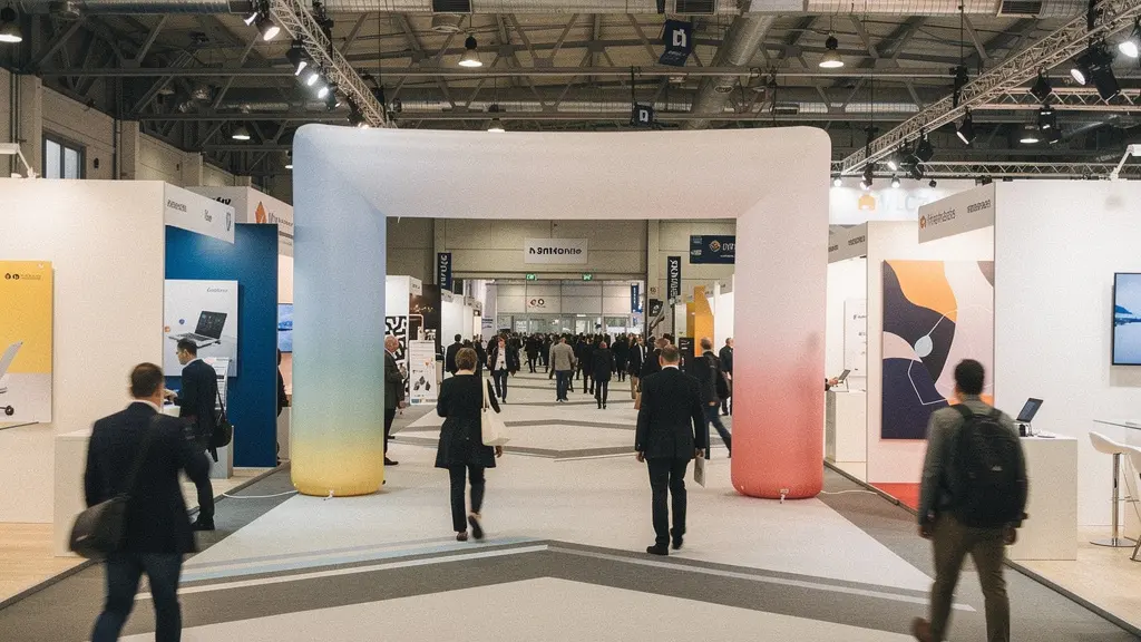 Allée de salon avec une grande forme d’arche gonflable unie et un support vertical type kakémono vierge, vus de loin dans une foule en mouvement, sans texte.