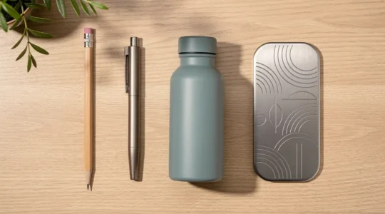 Collection d'objets promotionnels soigneusement disposés sur un bureau minimaliste illustrant le choix stratégique entre coût et qualité de marque