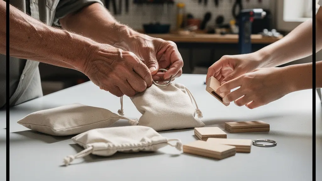Mains de plusieurs personnes assemblant des objets simples dans un atelier, illustrant un partenariat avec un ESAT sans aucun texte visible.