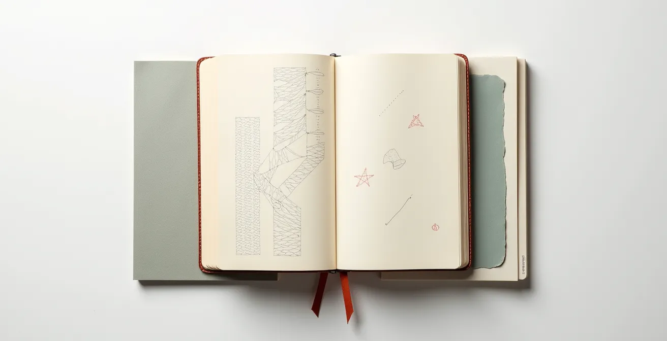 Différents carnets ouverts montrant des systèmes d'organisation variés avec symboles et structures visuelles