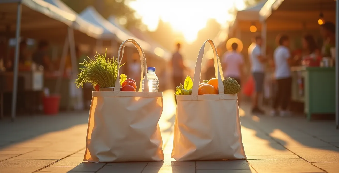 Comparaison visuelle entre un cabas renforcé robuste et un tote bag léger dans un contexte de courses