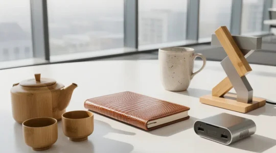 Bureau moderne avec collection d'objets cadeaux d'affaires innovants et originaux disposés élégamment