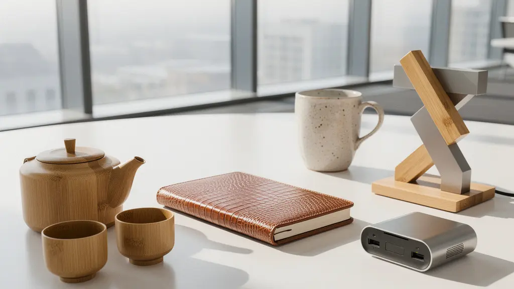 Bureau moderne avec collection d'objets cadeaux d'affaires innovants et originaux disposés élégamment