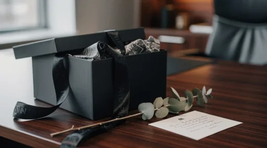 Coffret cadeau d'affaires élégant posé sur un bureau en bois sombre avec un ruban de tissu dénoué, baigné d'une lumière naturelle douce