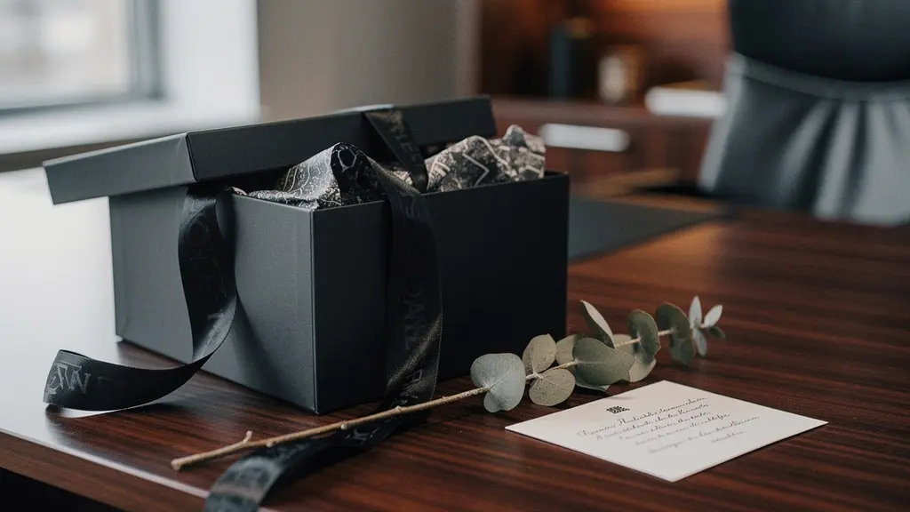 Coffret cadeau d'affaires élégant posé sur un bureau en bois sombre avec un ruban de tissu dénoué, baigné d'une lumière naturelle douce
