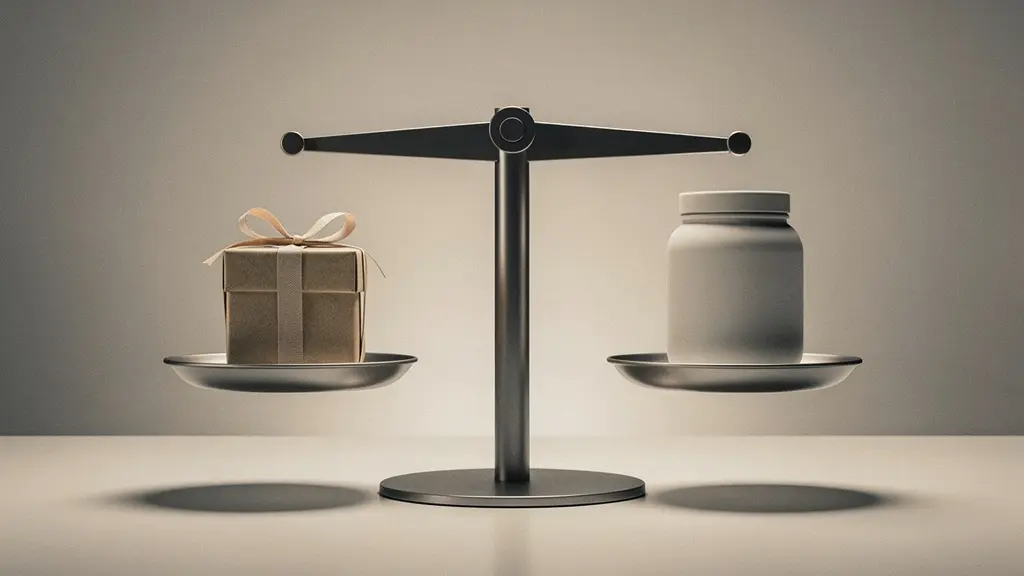 Une petite boîte cadeau sans marque pèse symboliquement plus lourd qu’un petit produit sur une balance, illustrant la hausse du panier moyen par aversion à la perte.