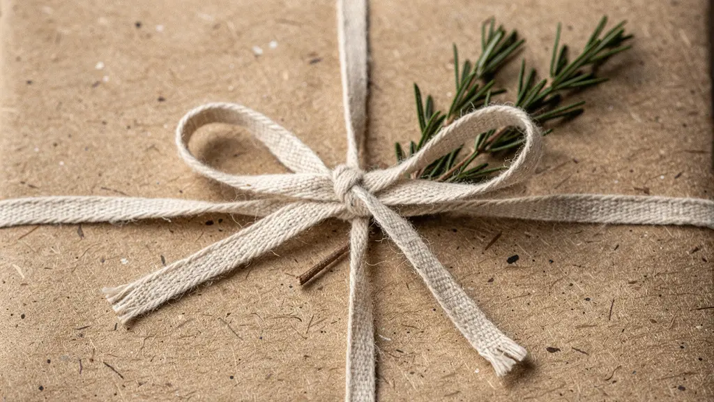 Gros plan sur un ruban noué autour d'une boîte cadeau sobre, avec des matières naturelles et une texture premium