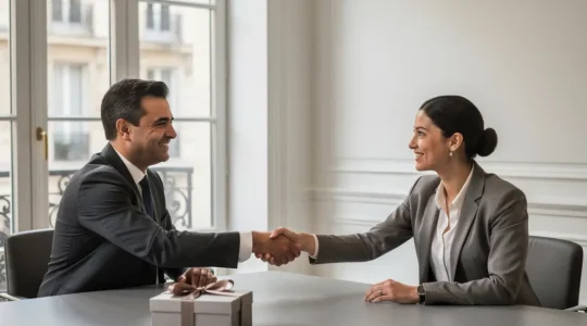 Deux professionnels se serrant la main dans un bureau lumineux, avec un petit coffret cadeau sobre posé sur une table, ambiance discrète et élégante.