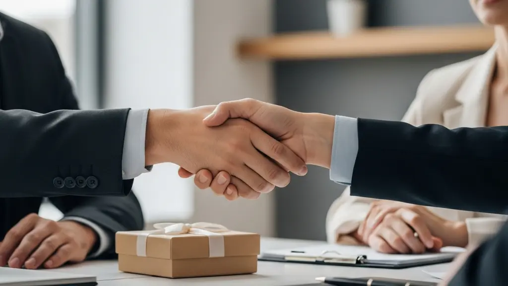 Deux professionnels se serrent la main pendant qu’un petit cadeau sobre et emballé est posé sur une table, dans un bureau lumineux et minimaliste.
