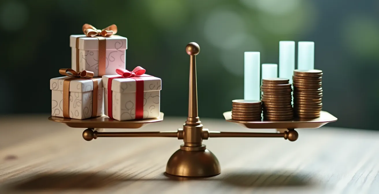 Balance équilibrée avec des cadeaux d'un côté et des graphiques de valeur client de l'autre