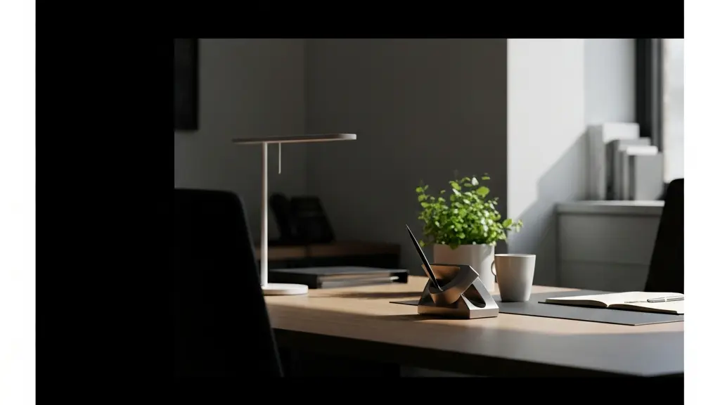 Vue large d'un bureau minimaliste baigné de lumière de début d'automne, avec un petit goodie sobre posé sur un coin du bureau