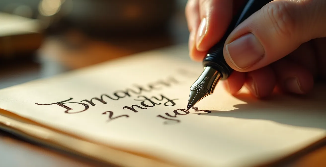 Gros plan sur des mains écrivant une carte avec une plume sur du papier texturé de qualité