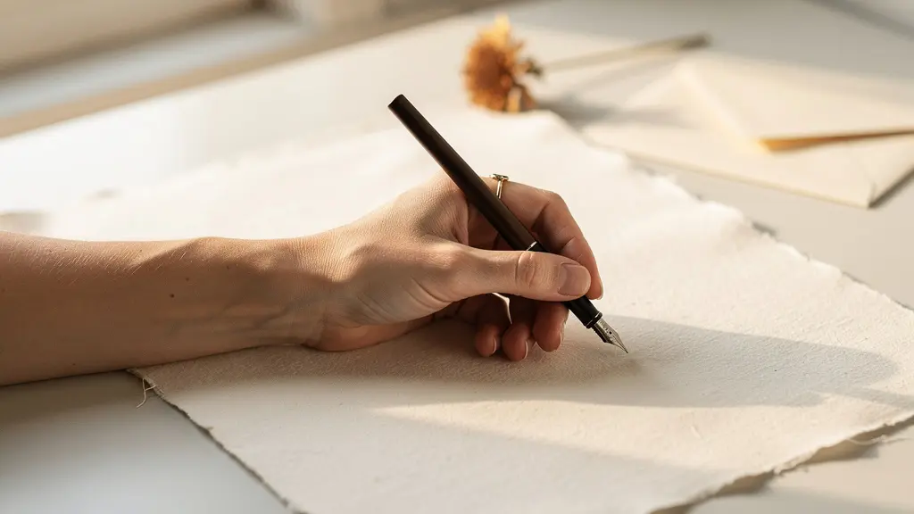 Main humaine posant délicatement un stylo-plume sur une feuille de papier artisanal, dans une lumière douce de fenêtre, évoquant l'authenticité du geste manuscrit.