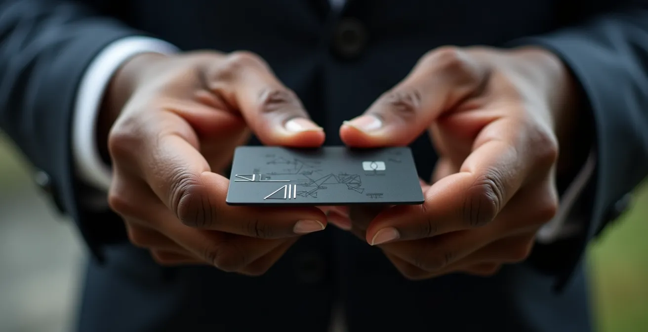 Gros plan sur deux mains professionnelles échangeant une carte NFC élégante avec reflets métalliques