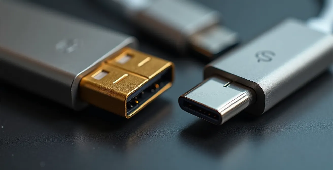 Clé USB avec double connecteur USB-A et USB-C illustrant la transition technologique