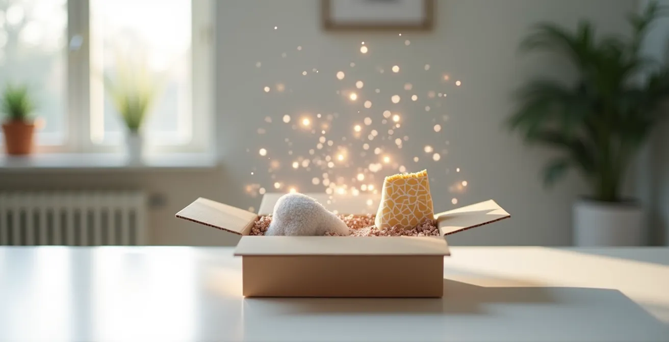 Colis ouvert révélant des objets promotionnels avec des particules lumineuses suggérant une connexion digitale