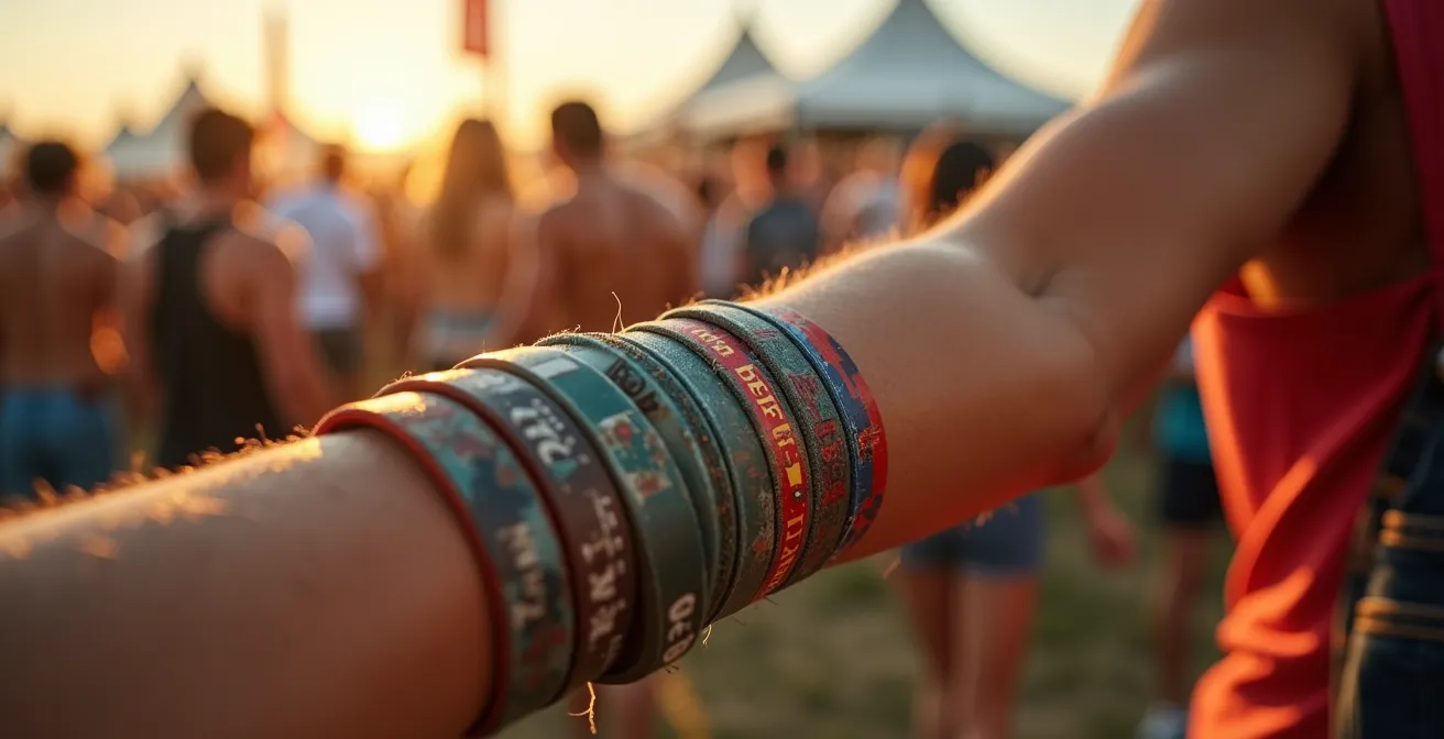 Un bras portant une accumulation de bracelets de festival de différentes années et couleurs
