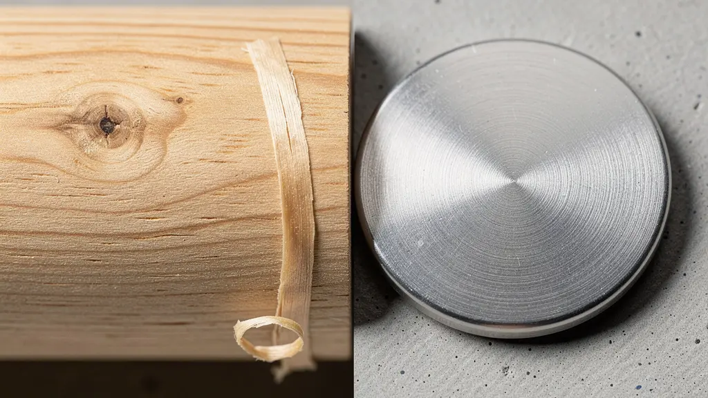 Gros plan macro sur les textures contrastées d'un crayon en bois brut et d'un badge en métal brossé côte à côte