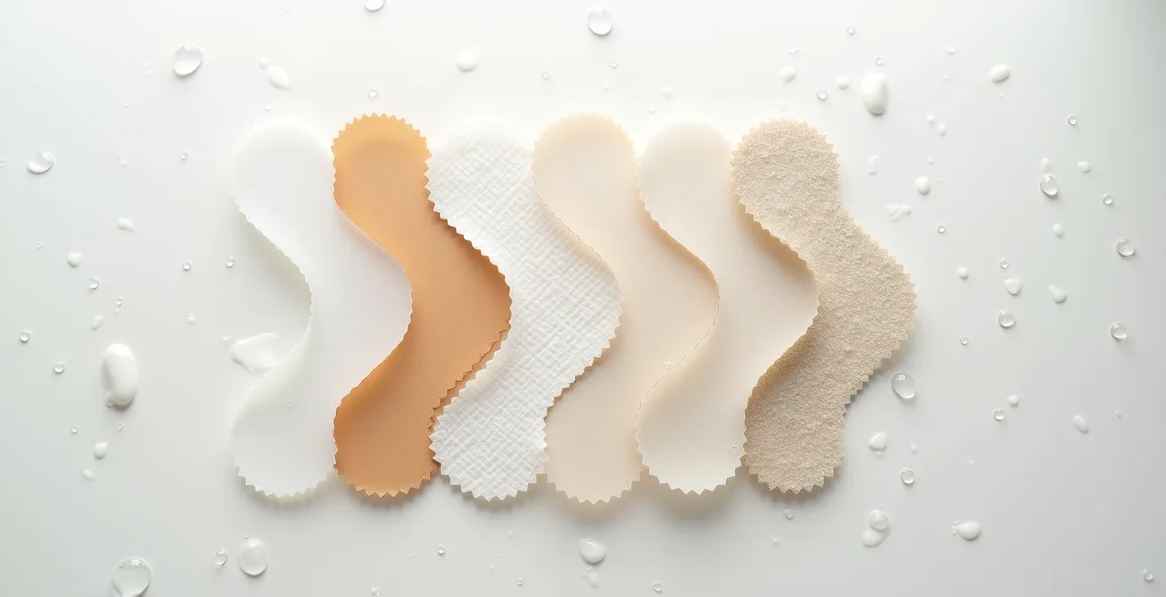 Différents échantillons de matériaux de bracelets disposés sur une surface humide montrant leur résistance à l'eau