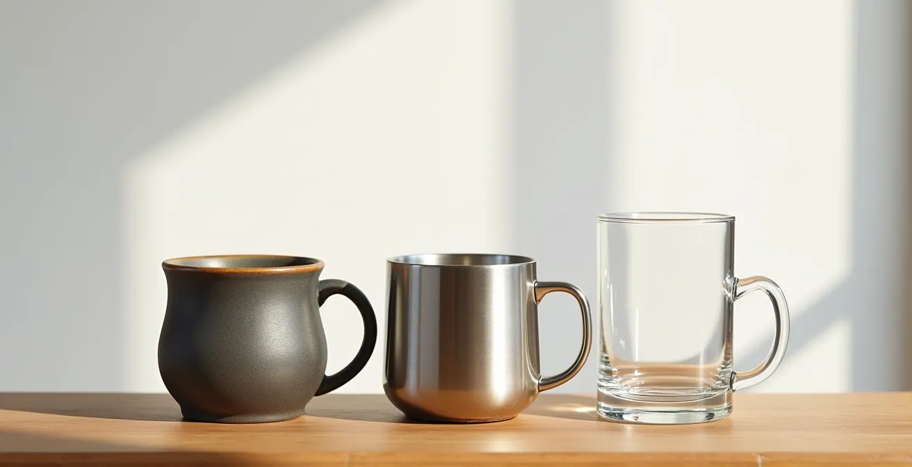 Trois mugs en céramique, métal et verre alignés sur une surface en bois naturel