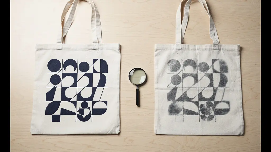 Composition symbolique montrant le contraste entre une impression nette et une impression pixelisee sur un objet publicitaire, illustrant l'impact de la resolution d'image