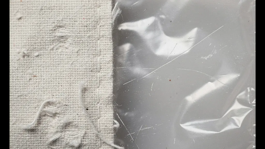 Gros plan macro sur des fibres de coton et une texture de plastique froissé, illustrant la comparaison d'impact sans texte.