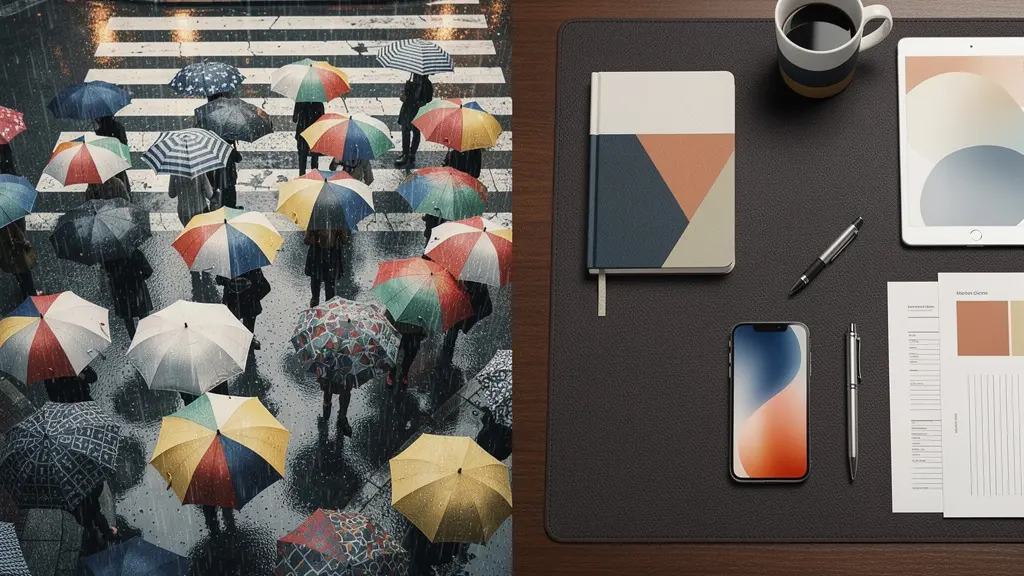 Vue contrastée montrant un parapluie en milieu urbain et un sous-main en environnement bureau