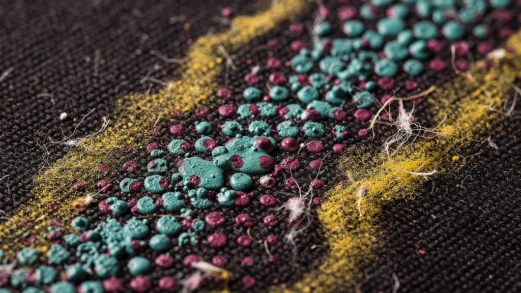 Vue macro extreme montrant la texture d'un depot d'encre serigraphique sur des fibres textiles avec un degrade visible par tramage