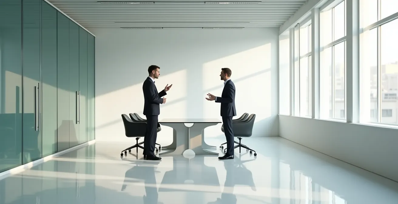 Scène minimaliste représentant un échange professionnel respectueux