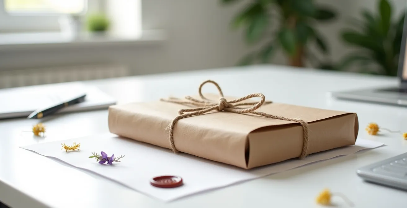 Bureau épuré avec un colis élégant prêt à être envoyé, entouré d'éléments de personnalisation