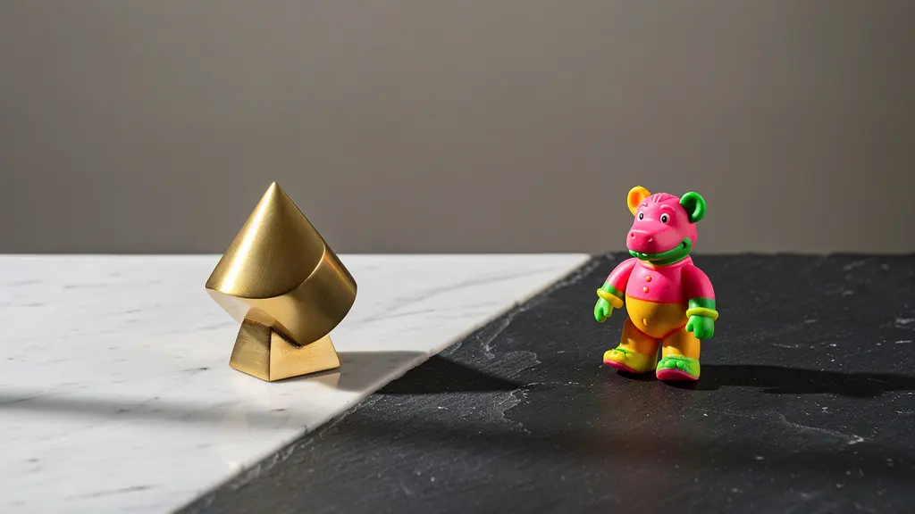 Deux objets design contrastés sur une surface bicolore, symbolisant la frontière entre le bon goût et le faux pas dans le choix d'un cadeau professionnel