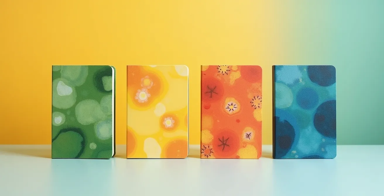 Composition minimaliste montrant une progression d'objets de bureau à travers les saisons