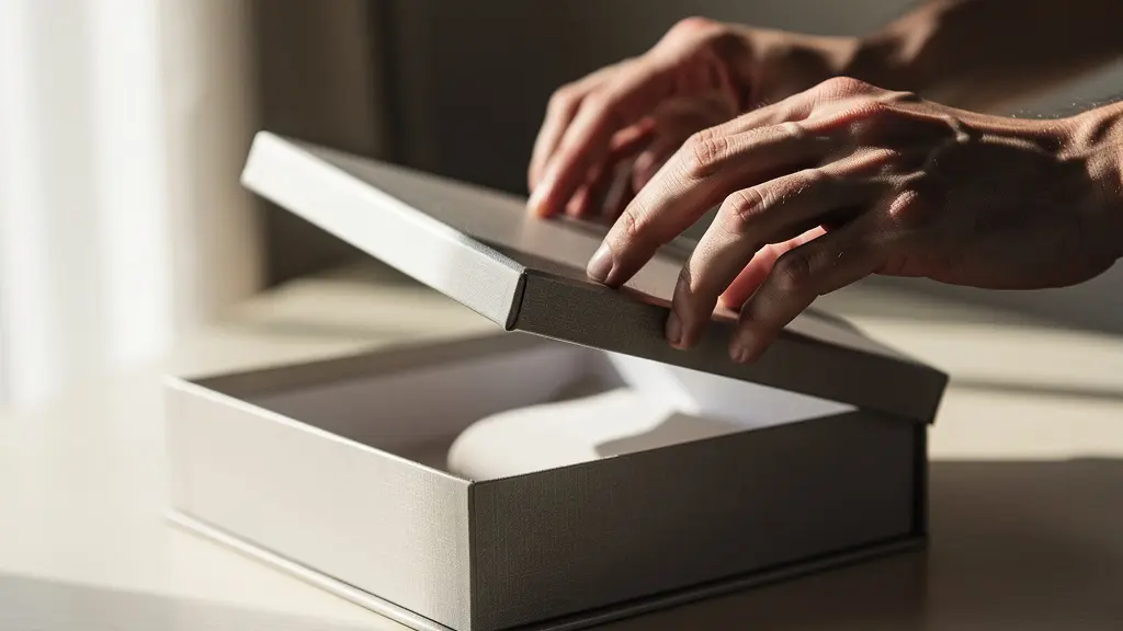 Mains ouvrant délicatement un coffret de luxe avec effet de suspension dramatique