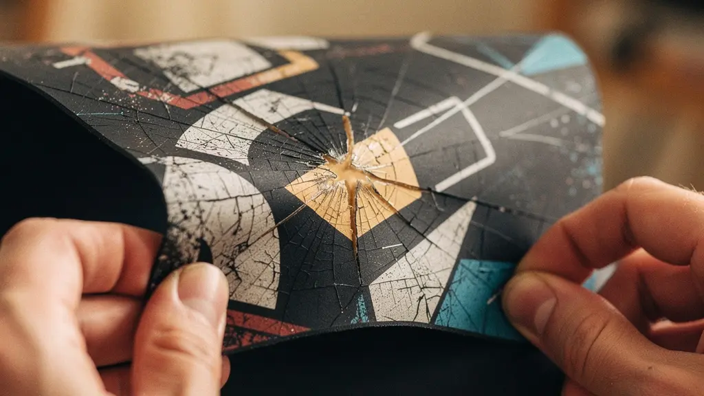 Gros plan sur un objet promotionnel souple montrant un reseau de micro-fissures dans la couche d'encre apres plusieurs cycles de lavage, illustrant l'incompatibilite entre encre rigide et substrat flexible