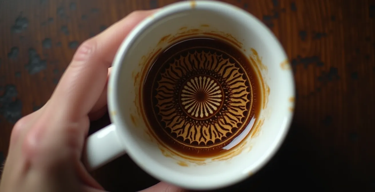 Vue plongeante dans un mug partiellement vide révélant un motif gravé au fond