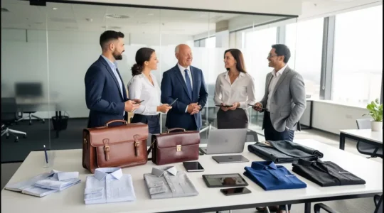 Équipe commerciale professionnelle avec outils de travail modernes dans un environnement de bureau lumineux