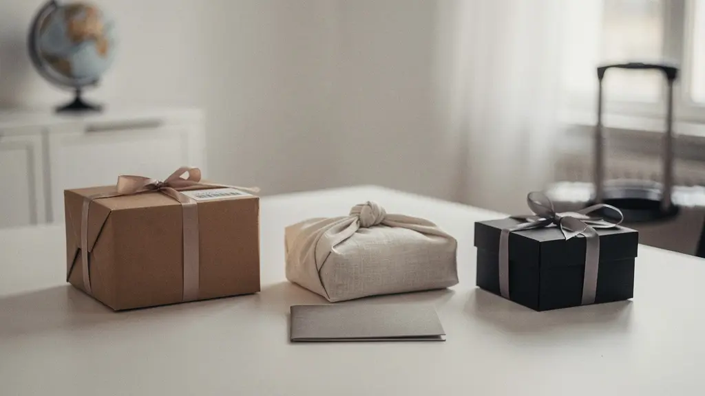 Comptoir d’expedition avec trois petits colis cadeaux neutres et des rubans, dans un espace minimaliste, evocant un contexte international sans aucun texte lisible.