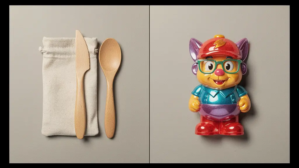 Deux cadeaux contrastés posés côte à côte : un objet durable en matière naturelle et un gadget plastique, illustrant une incohérence de valeurs.