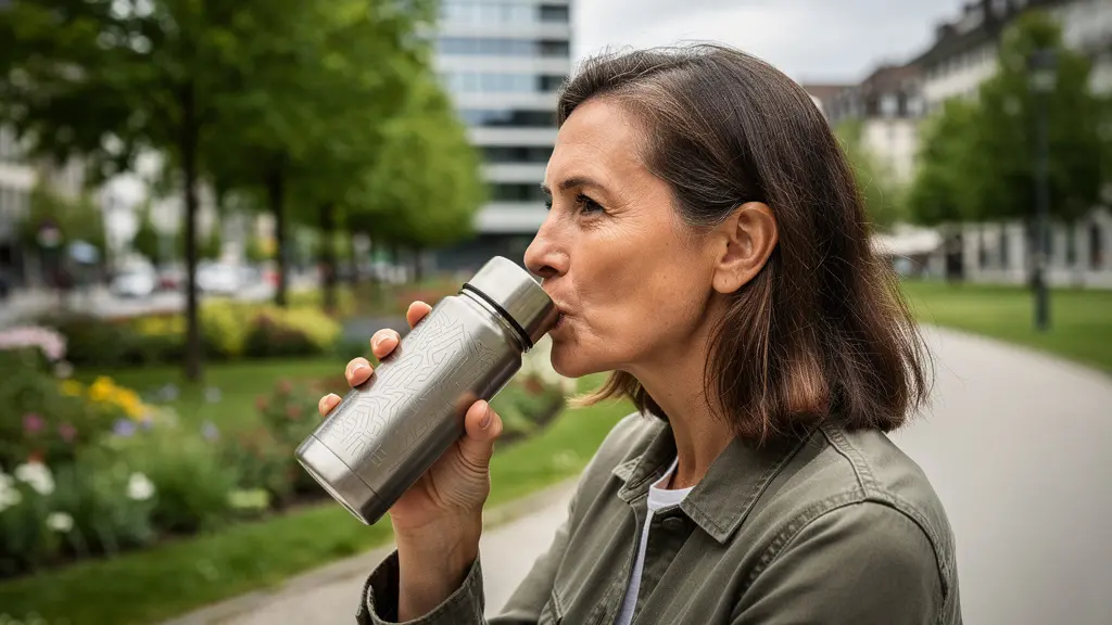 Professionnelle utilisant une gourde gravée au laser en extérieur