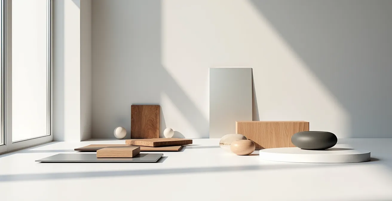 Composition minimaliste de différentes textures et matériaux créant une identité visuelle et tactile sans logo