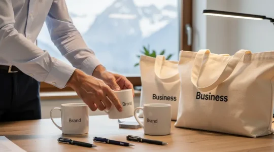 Professionnel examinant des goodies personnalisés sur un bureau moderne