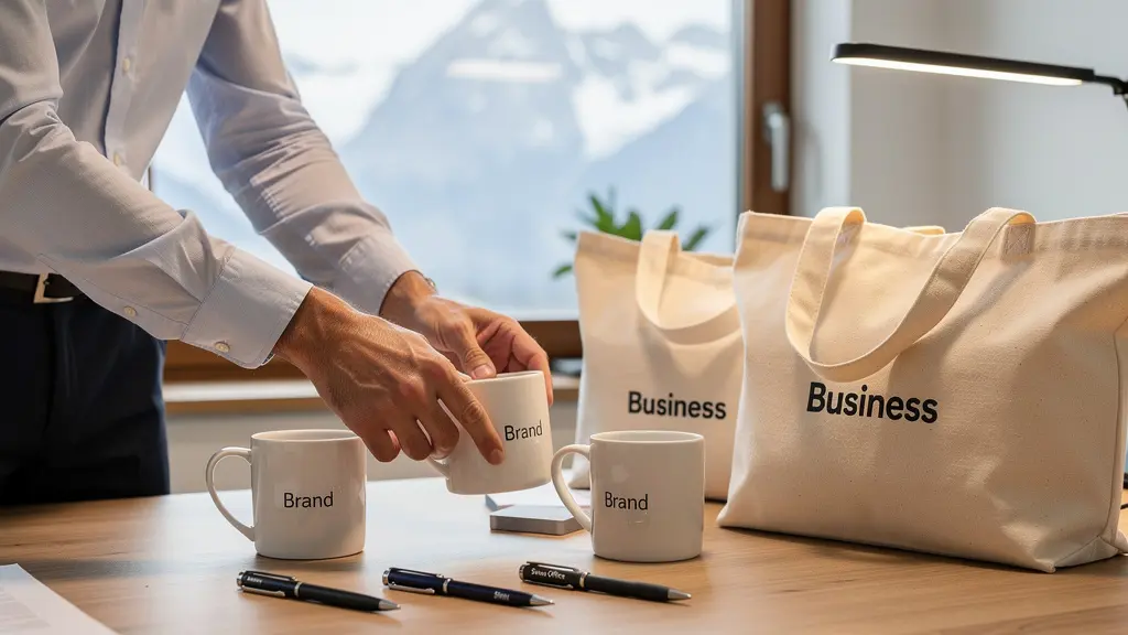 Professionnel examinant des goodies personnalisés sur un bureau moderne