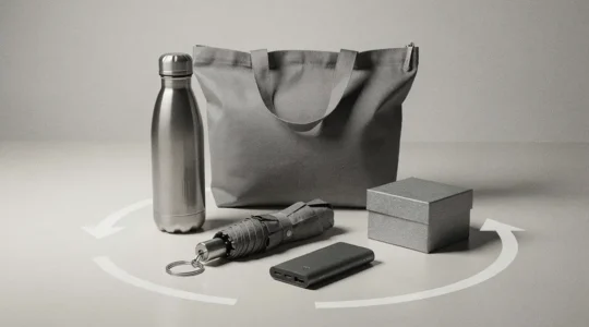 Objets publicitaires neutres disposes en cercle sur une table, suggérant une strategie de communication a 360 degres avec un grand espace vide.