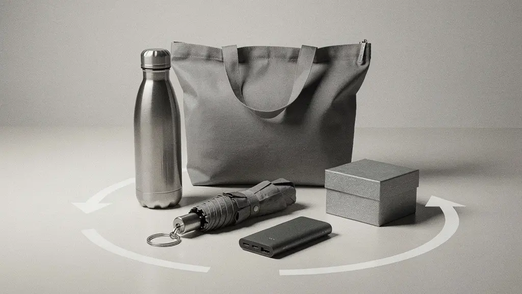 Objets publicitaires neutres disposes en cercle sur une table, suggérant une strategie de communication a 360 degres avec un grand espace vide.