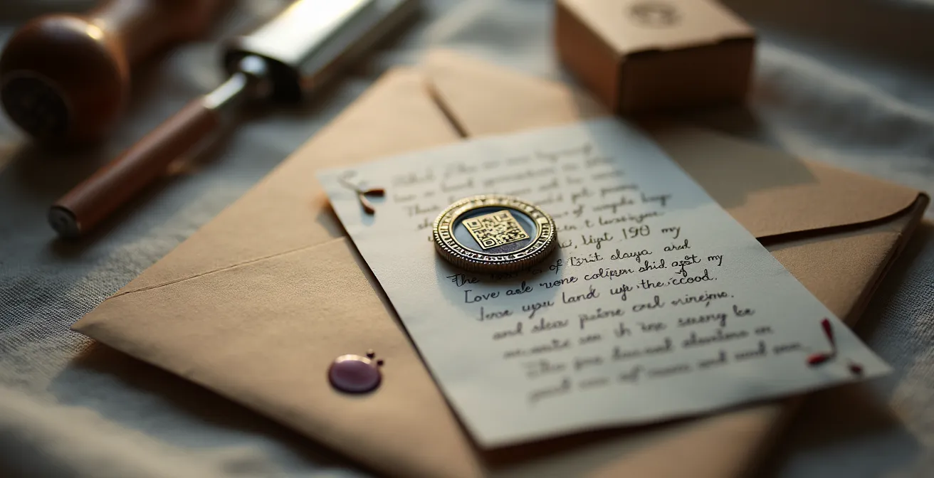 Gros plan macro sur un kit de démarrage élégant avec cartes guide, QR code doré et outils miniatures disposés sur surface texturée