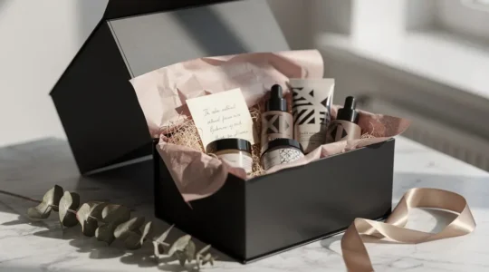 Boîte cadeau premium ouverte avec des éléments de packaging soigné posés sur une surface épurée, évoquant un lancement de produit exclusif pour influenceurs.