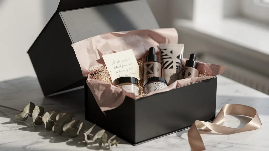 Boîte cadeau premium ouverte avec des éléments de packaging soigné posés sur une surface épurée, évoquant un lancement de produit exclusif pour influenceurs.