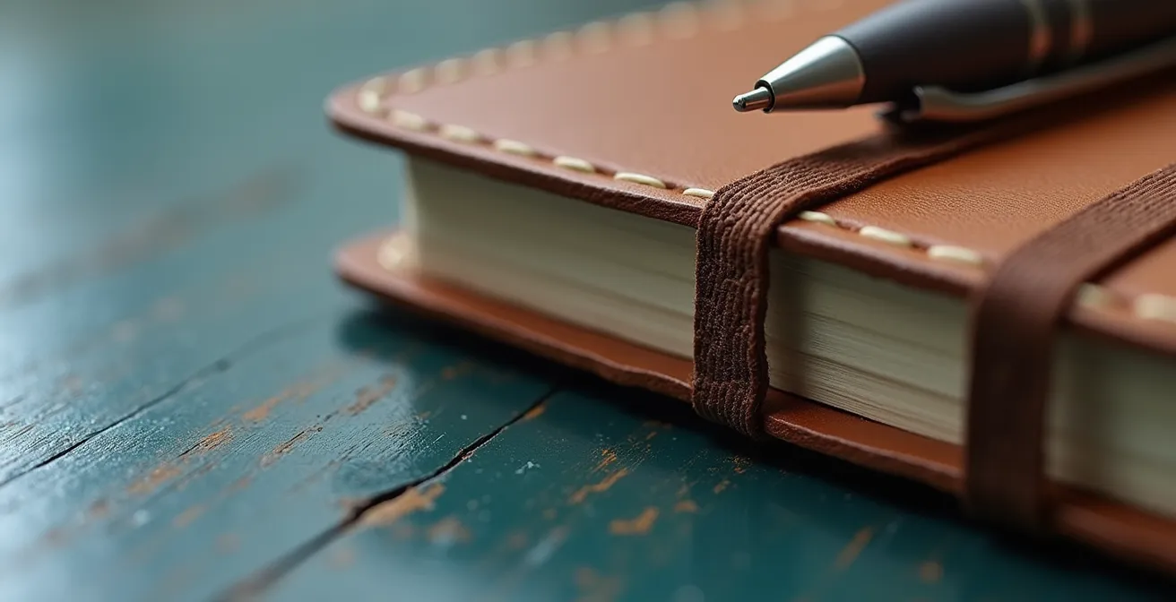 Gros plan sur un carnet avec accessoires de productivité disposés harmonieusement