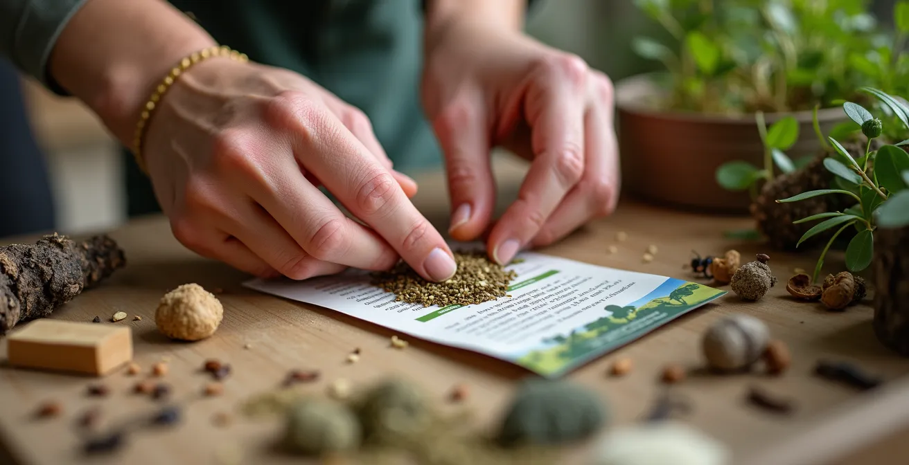 Gros plan sur des mains assemblant un kit de biodiversité avec graines et matériaux naturels